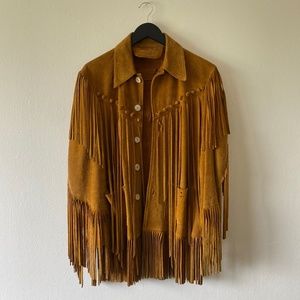 American Vintage Fringe Genuine Leather Western Suede Gold Jacket Size Medium